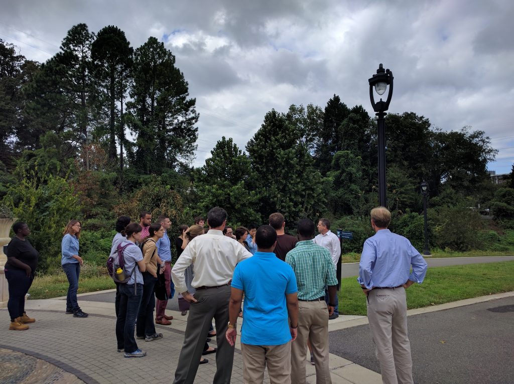 UNC class “Planning for Natural Hazards and Climate Change Adaptation” takes a field trip to see Charlotte-Mecklenburg County Storm Water Services’ work on the Midtown Urban Greenway. Photo by Ashton Rohmer