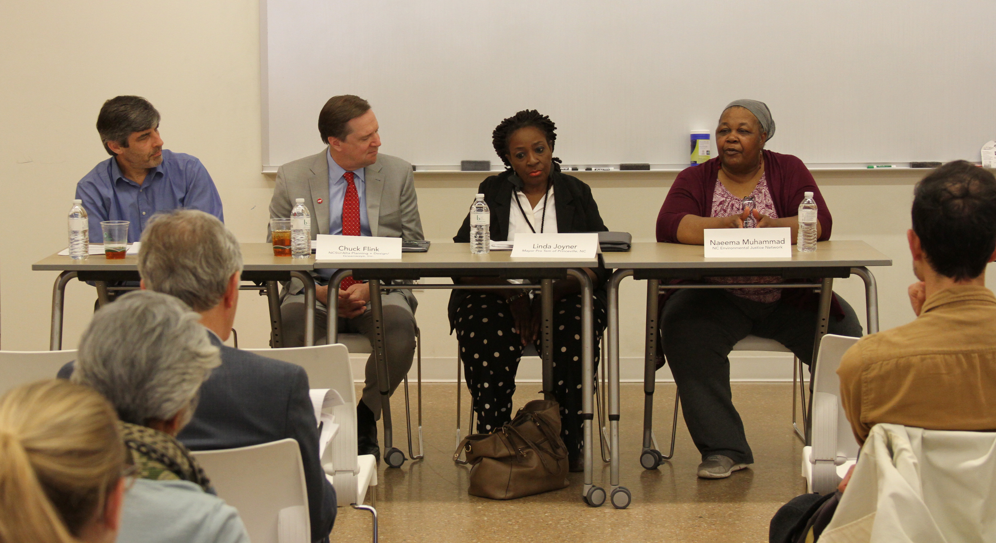 Naeema Muhammad, organizing co-director of North Carolina Environmental Justice Network (third from right) speaks on the “Rural Disaster Recovery and Hurricane Matthew” panel at the Climate Change and Resilience Symposium on April 20, 2018. The panel also included (from left) Dr. Larry Engel, professor in the UNC Department of Epidemiology; Chuck Flink, professor in Landscape Architecture at NC State University; and Linda Joyner, Mayor Pro Tem of Princeville, N.C.