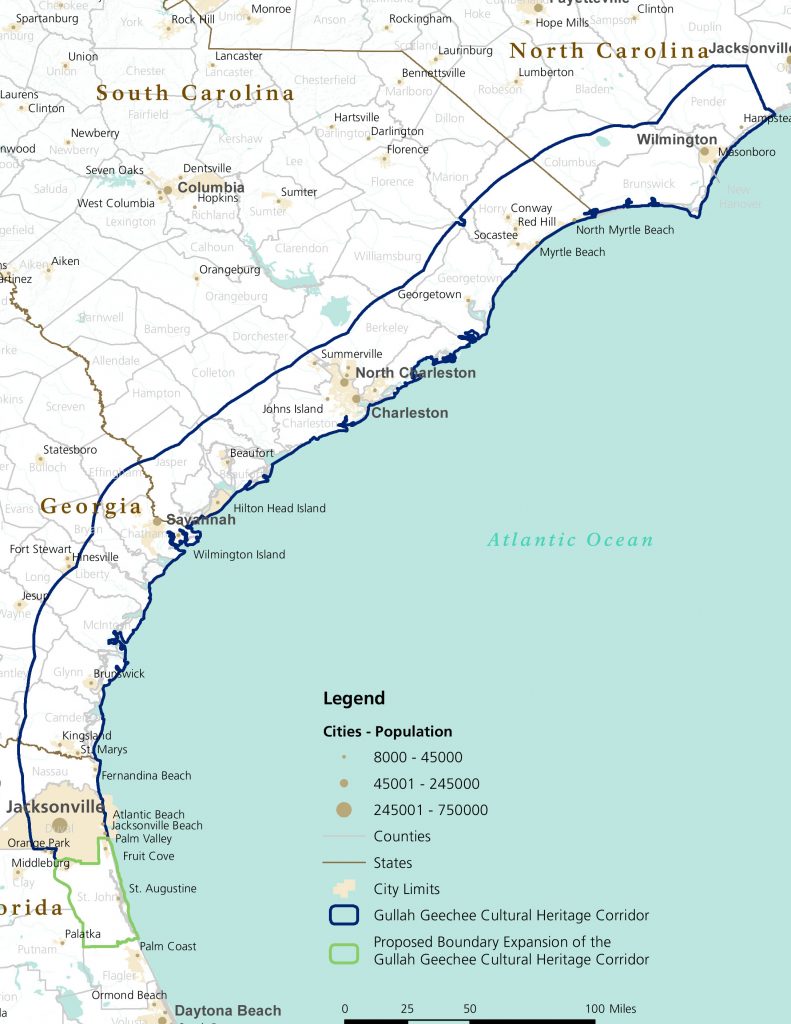 The Gullah Geechee Corridor extends 425 miles along the Atlantic Coast and 30 miles inland from the northern border of Pender County, North Carolina, through South Carolina and Georgia to the southern boundary of St. Johns County, Florida. The Corridor encompassess all or part of 27 counties. Image from the National Park Service.