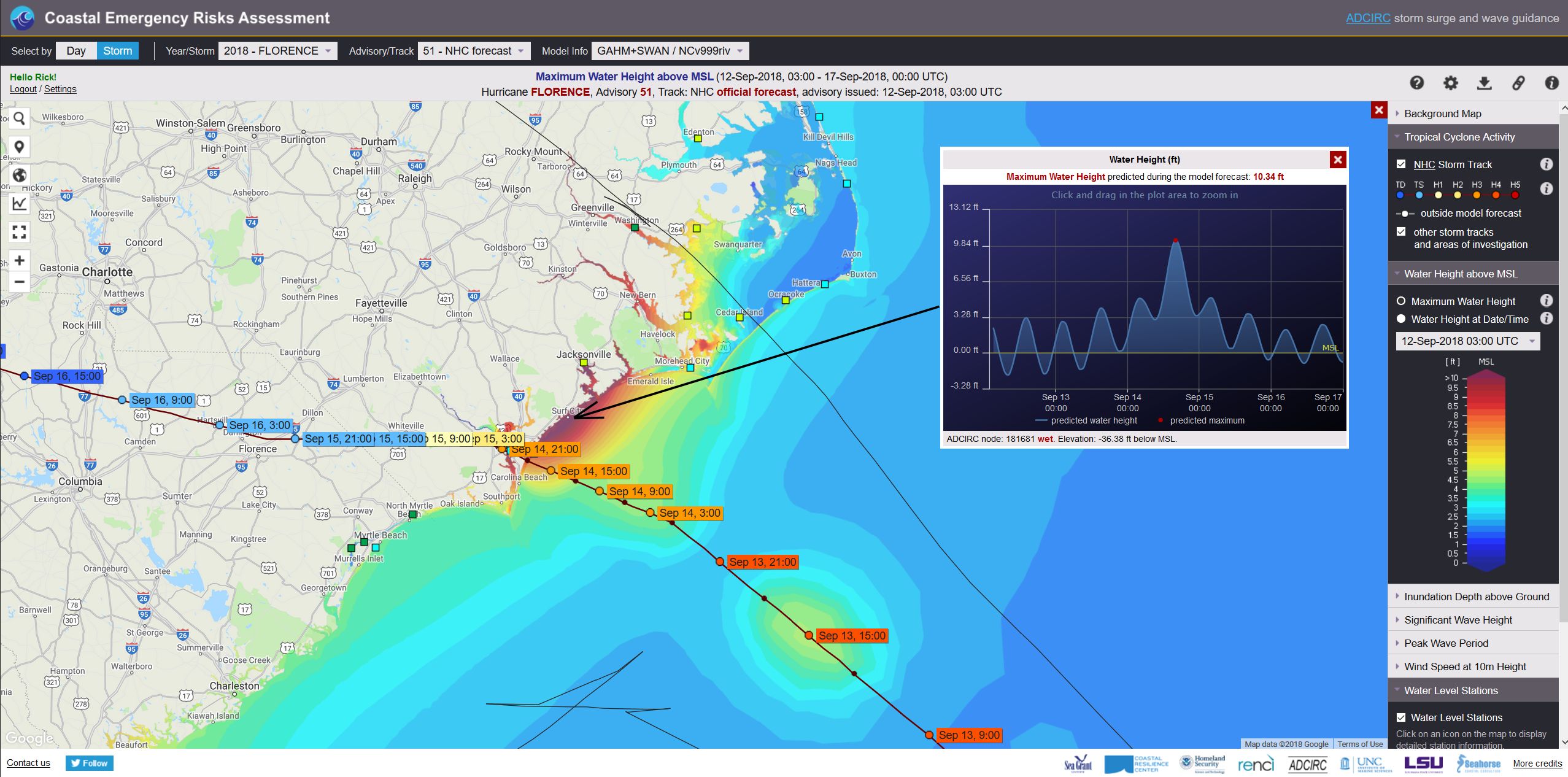 The ADCIRC model, results of which are displayed at cera.coastalrisk.live, predicts data such as maximum water heights at specific locations during a forecast period. A prediction from Hurricane Florence (2018) is seen above.