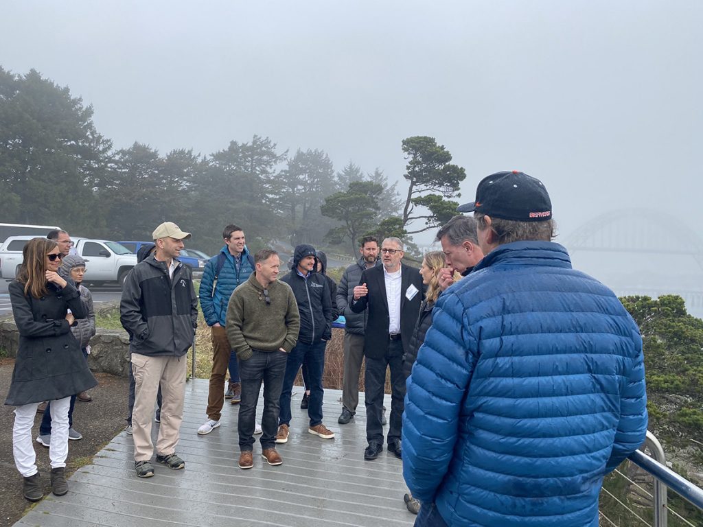 Dr. Peter Ruggiero of OSU shows members of the CERB some of the engineering challenges at North Yaquina jetty.