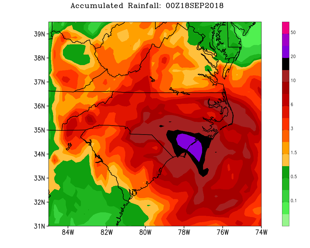 Rainfall total from Hurricane Florence (2018). Graphic by Jackson Wiles.