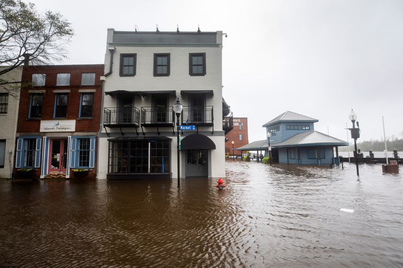 When the Cape Fear River spills its banks, downtown Wilmington goes underwater. Could a riverfront park soak up some of the floodwaters? Credit: EPA-EFE.